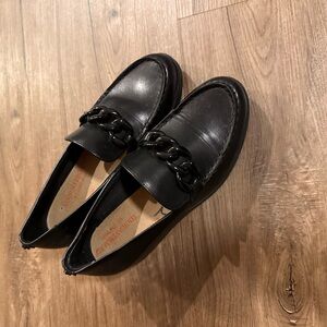 Anne Klein Black Loafers with Chain Accent